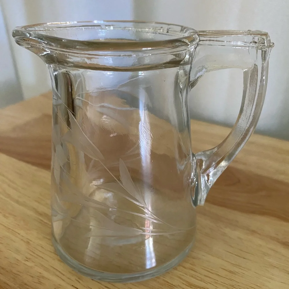 Vintage Etched Glass Creamer Pitcher with Delicate Floral Design and Handle